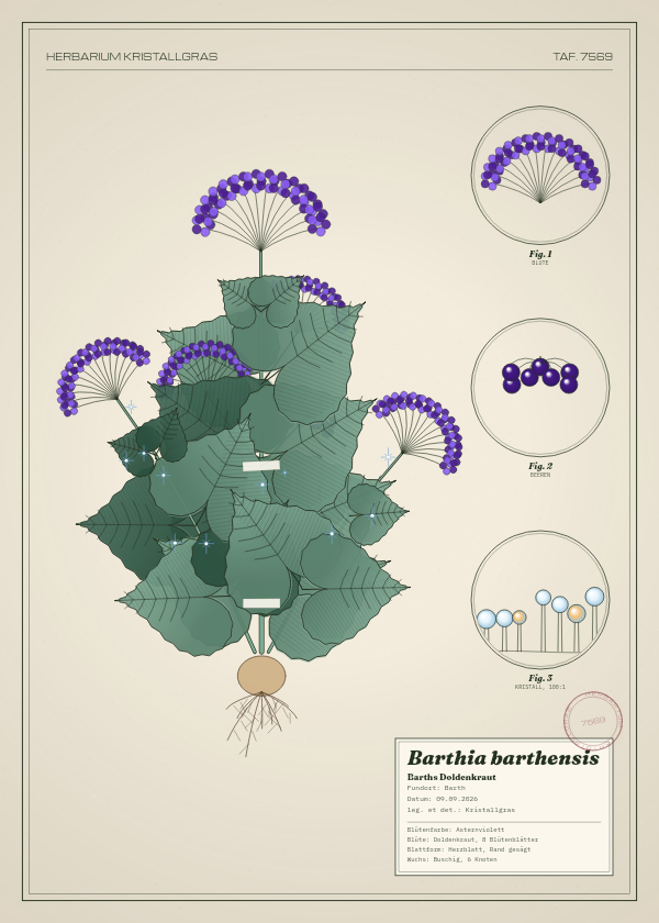 Botanische Tafel: Barthia barthensis, eine erfundene Pflanze aus Barth, gezeichnet wie in einem alten Pflanzenatlas