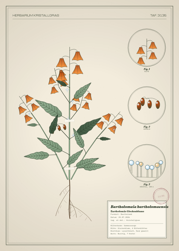 Botanische Tafel: Bartholomaia bartholomaensis, eine erfundene Pflanze aus Bartholomä, gezeichnet wie in einem alten Pflanzenatlas