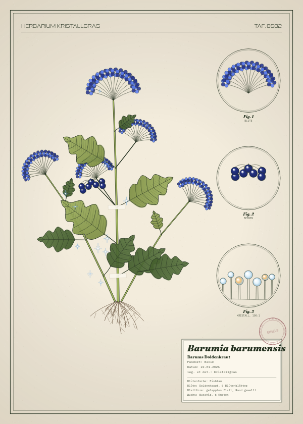 Botanische Tafel: Barumia barumensis, eine erfundene Pflanze aus Barum, gezeichnet wie in einem alten Pflanzenatlas