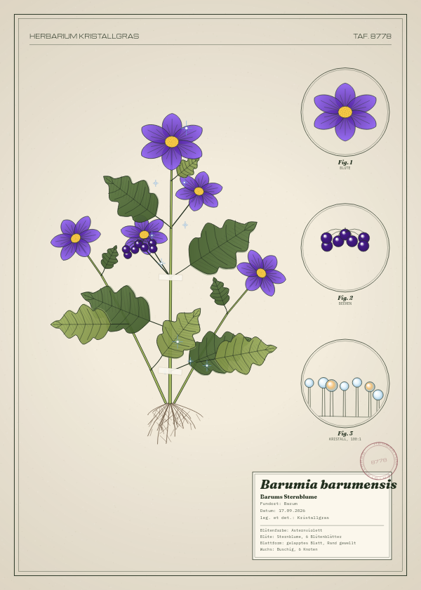 Botanische Tafel: Barumia barumensis, eine erfundene Pflanze aus Barum, gezeichnet wie in einem alten Pflanzenatlas