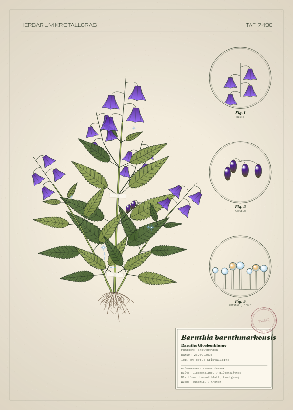 Botanische Tafel: Baruthia baruthmarkensis, eine erfundene Pflanze aus Baruth/Mark, gezeichnet wie in einem alten Pflanzenatlas