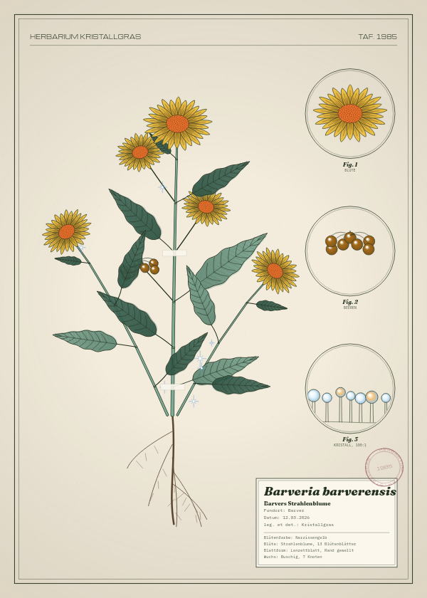 Botanische Tafel: Barveria barverensis, eine erfundene Pflanze aus Barver, gezeichnet wie in einem alten Pflanzenatlas