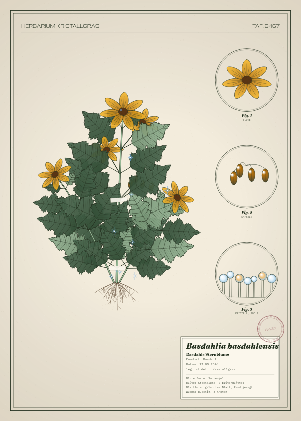 Botanische Tafel: Basdahlia basdahlensis, eine erfundene Pflanze aus Basdahl, gezeichnet wie in einem alten Pflanzenatlas