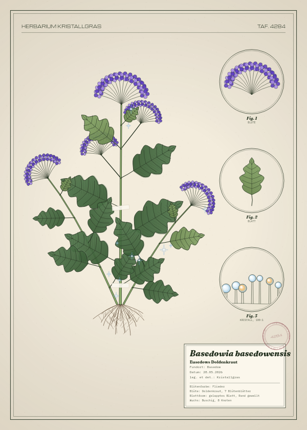 Botanische Tafel: Basedowia basedowensis, eine erfundene Pflanze aus Basedow, gezeichnet wie in einem alten Pflanzenatlas