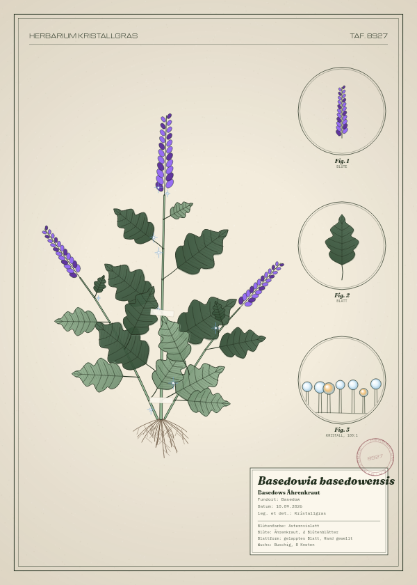 Botanische Tafel: Basedowia basedowensis, eine erfundene Pflanze aus Basedow, gezeichnet wie in einem alten Pflanzenatlas