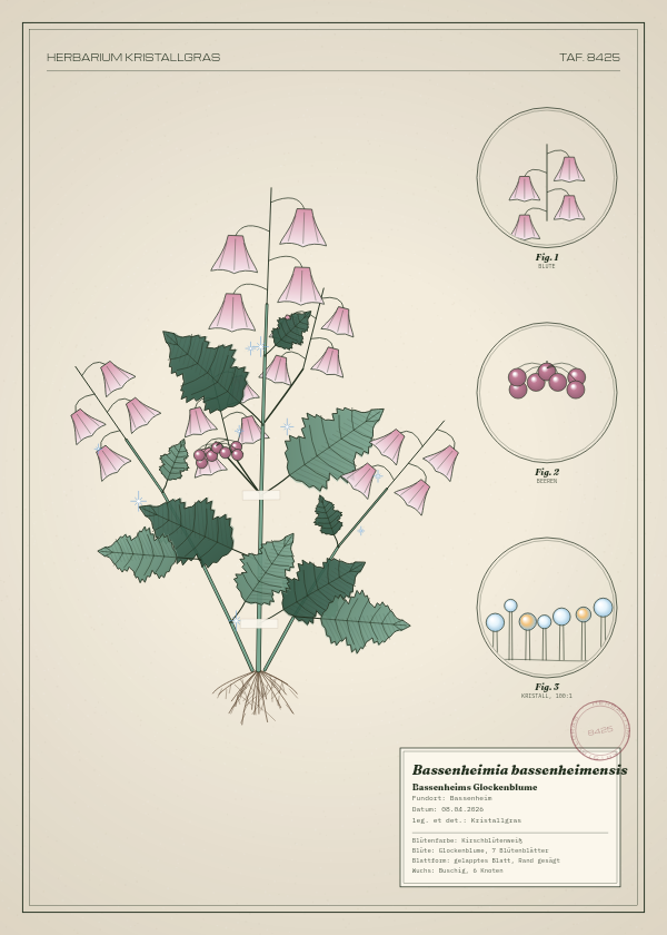 Botanische Tafel: Bassenheimia bassenheimensis, eine erfundene Pflanze aus Bassenheim, gezeichnet wie in einem alten Pflanzenatlas