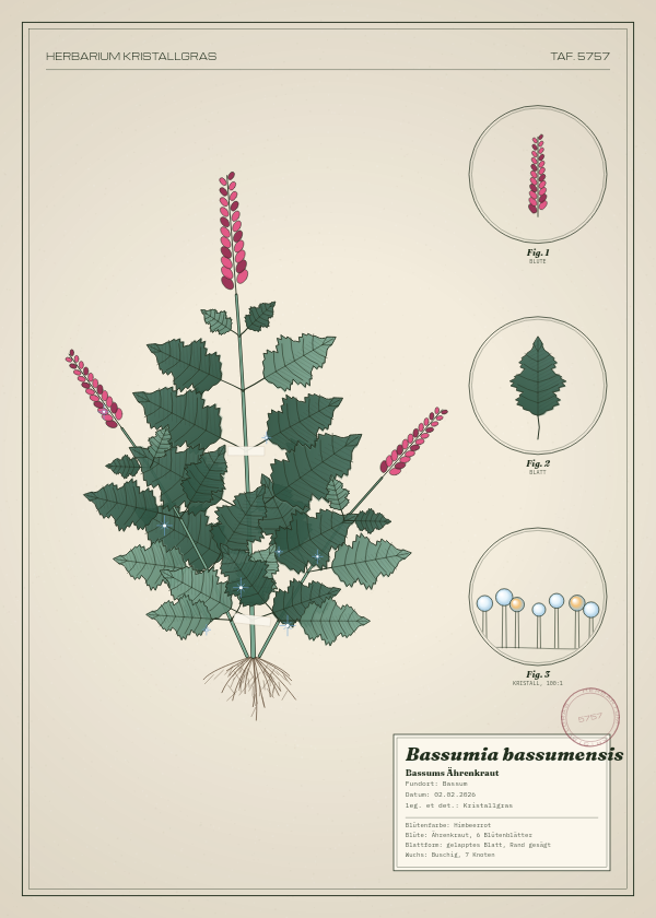 Botanische Tafel: Bassumia bassumensis, eine erfundene Pflanze aus Bassum, gezeichnet wie in einem alten Pflanzenatlas