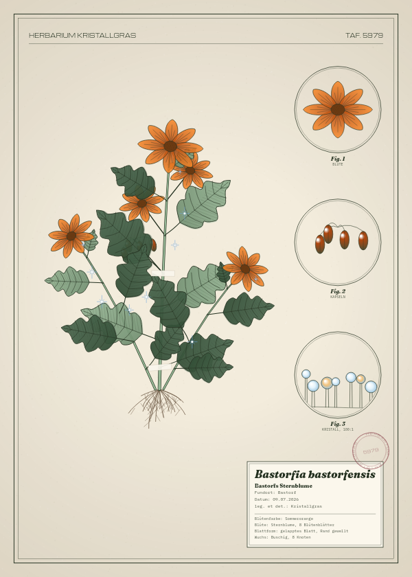 Botanische Tafel: Bastorfia bastorfensis, eine erfundene Pflanze aus Bastorf, gezeichnet wie in einem alten Pflanzenatlas