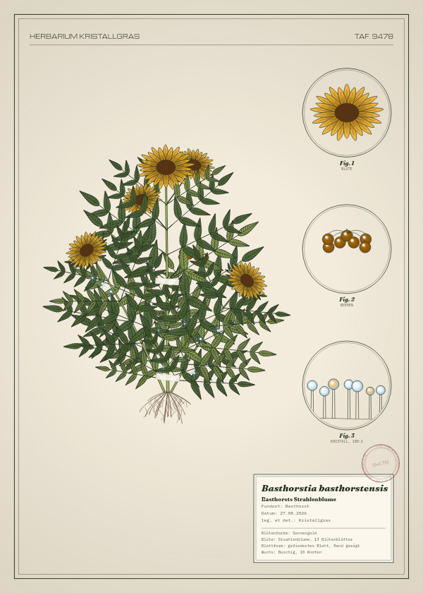 Botanische Tafel: Basthorstia basthorstensis, eine erfundene Pflanze aus Basthorst, gezeichnet wie in einem alten Pflanzenatlas