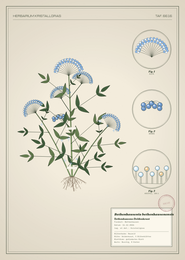 Botanische Tafel: Bethenhausenia bethenhausenensis, eine erfundene Pflanze aus Bethenhausen, gezeichnet wie in einem alten Pflanzenatlas