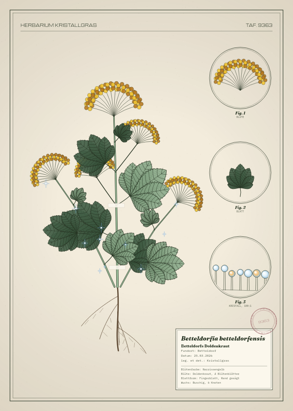 Botanische Tafel: Betteldorfia betteldorfensis, eine erfundene Pflanze aus Betteldorf, gezeichnet wie in einem alten Pflanzenatlas
