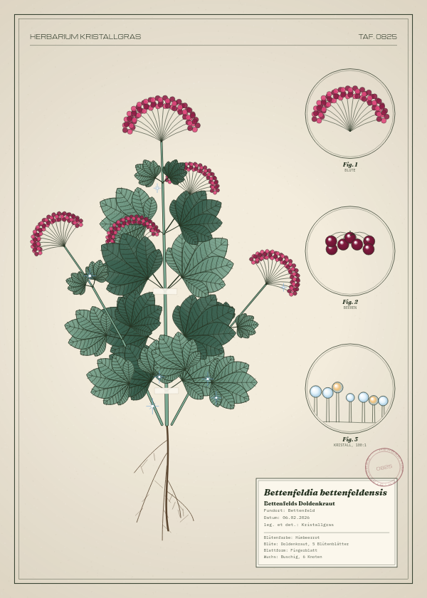 Botanische Tafel: Bettenfeldia bettenfeldensis, eine erfundene Pflanze aus Bettenfeld, gezeichnet wie in einem alten Pflanzenatlas