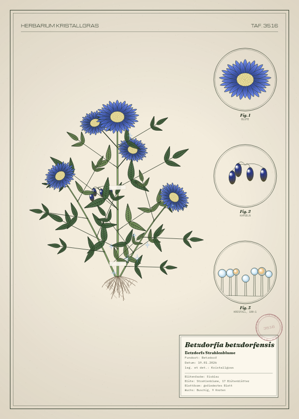 Botanische Tafel: Betzdorfia betzdorfensis, eine erfundene Pflanze aus Betzdorf, gezeichnet wie in einem alten Pflanzenatlas