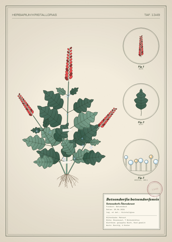 Botanische Tafel: Betzendorfia betzendorfensis, eine erfundene Pflanze aus Betzendorf, gezeichnet wie in einem alten Pflanzenatlas