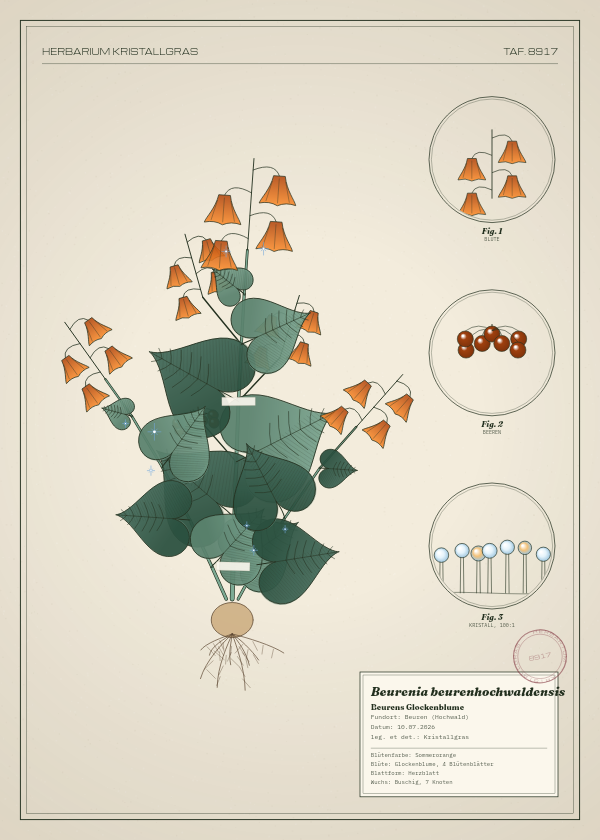 Botanische Tafel: Beurenia beurenhochwaldensis, eine erfundene Pflanze aus Beuren (Hochwald), gezeichnet wie in einem alten Pflanzenatlas