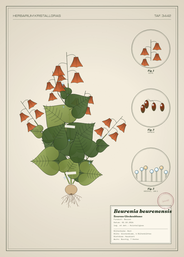 Botanische Tafel: Beurenia beurenensis, eine erfundene Pflanze aus Beuren, gezeichnet wie in einem alten Pflanzenatlas
