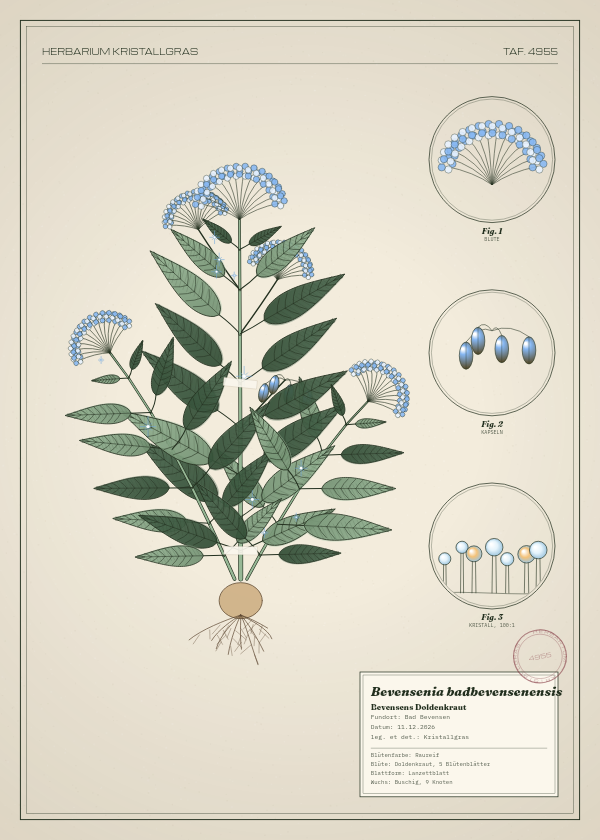 Botanische Tafel: Bevensenia badbevensenensis, eine erfundene Pflanze aus Bad Bevensen, gezeichnet wie in einem alten Pflanzenatlas