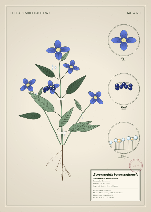 Botanische Tafel: Beverstedtia beverstedtensis, eine erfundene Pflanze aus Beverstedt, gezeichnet wie in einem alten Pflanzenatlas