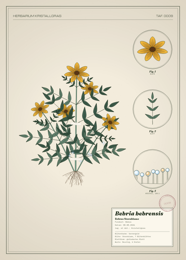Botanische Tafel: Bebria bebrensis, eine erfundene Pflanze aus Bebra, gezeichnet wie in einem alten Pflanzenatlas