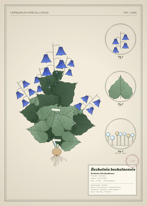 Botanische Tafel: Bechelnia bechelnensis, eine erfundene Pflanze aus Becheln, gezeichnet wie in einem alten Pflanzenatlas