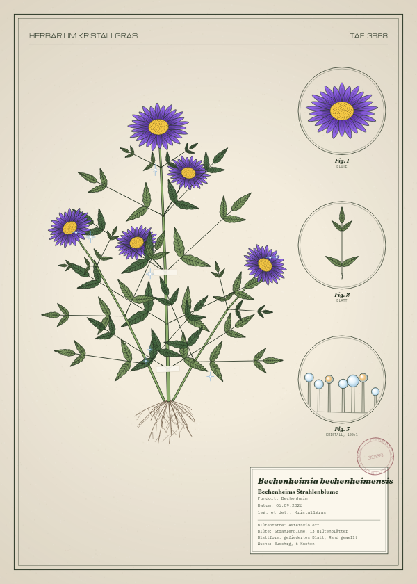 Botanische Tafel: Bechenheimia bechenheimensis, eine erfundene Pflanze aus Bechenheim, gezeichnet wie in einem alten Pflanzenatlas