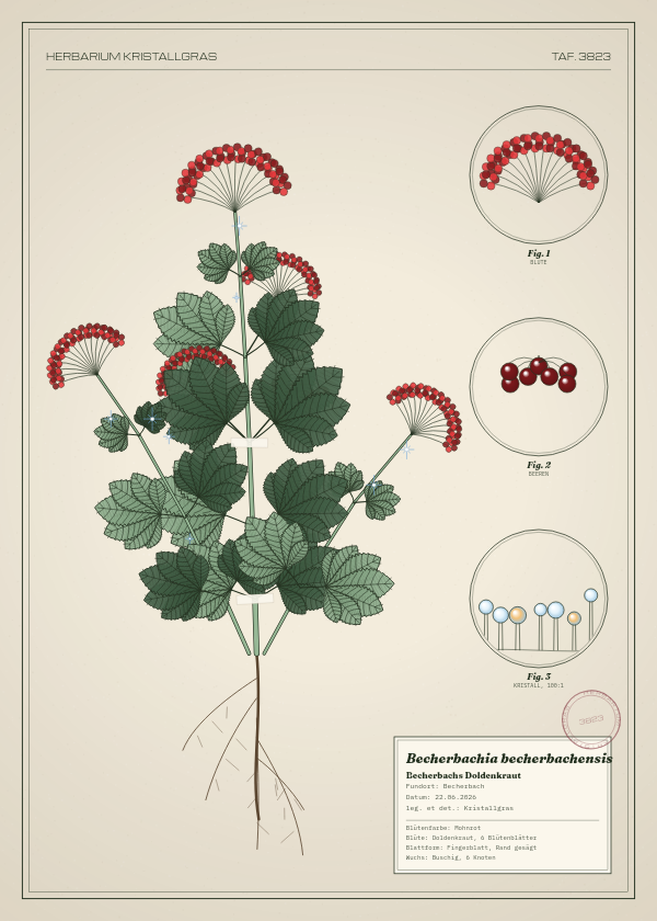 Botanische Tafel: Becherbachia becherbachensis, eine erfundene Pflanze aus Becherbach, gezeichnet wie in einem alten Pflanzenatlas