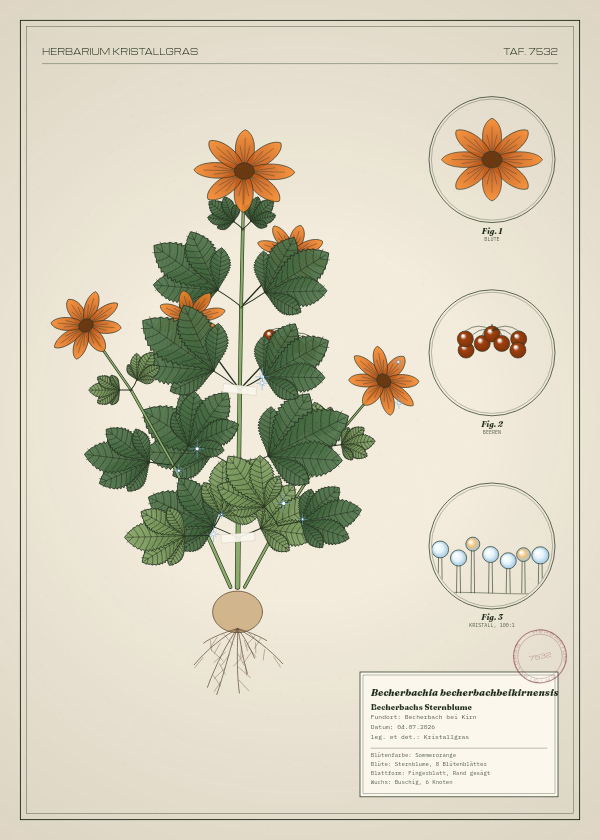 Botanische Tafel: Becherbachia becherbachbeikirnensis, eine erfundene Pflanze aus Becherbach bei Kirn, gezeichnet wie in einem alten Pflanzenatlas