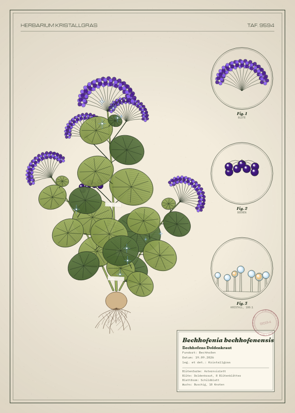 Botanische Tafel: Bechhofenia bechhofenensis, eine erfundene Pflanze aus Bechhofen, gezeichnet wie in einem alten Pflanzenatlas