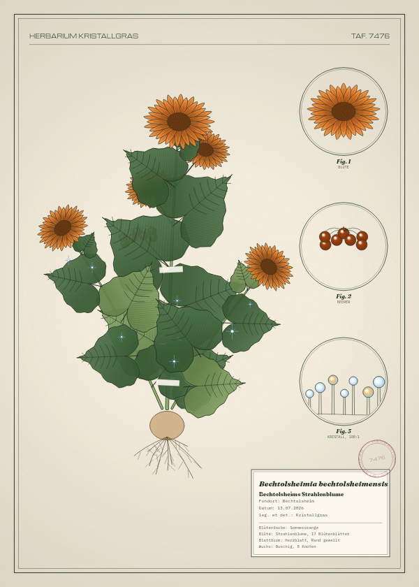 Botanische Tafel: Bechtolsheimia bechtolsheimensis, eine erfundene Pflanze aus Bechtolsheim, gezeichnet wie in einem alten Pflanzenatlas