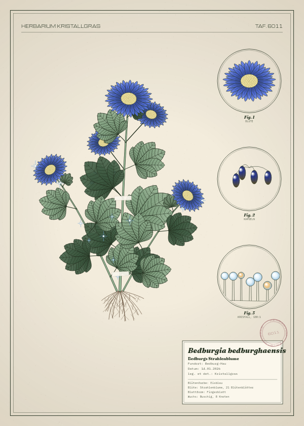 Botanische Tafel: Bedburgia bedburghaensis, eine erfundene Pflanze aus Bedburg-Hau, gezeichnet wie in einem alten Pflanzenatlas