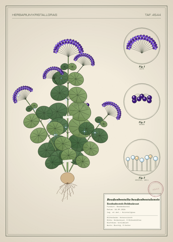 Botanische Tafel: Beedenbostelia beedenbostelensis, eine erfundene Pflanze aus Beedenbostel, gezeichnet wie in einem alten Pflanzenatlas