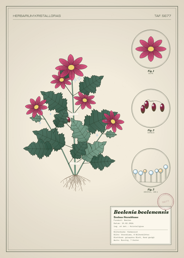 Botanische Tafel: Beelenia beelenensis, eine erfundene Pflanze aus Beelen, gezeichnet wie in einem alten Pflanzenatlas