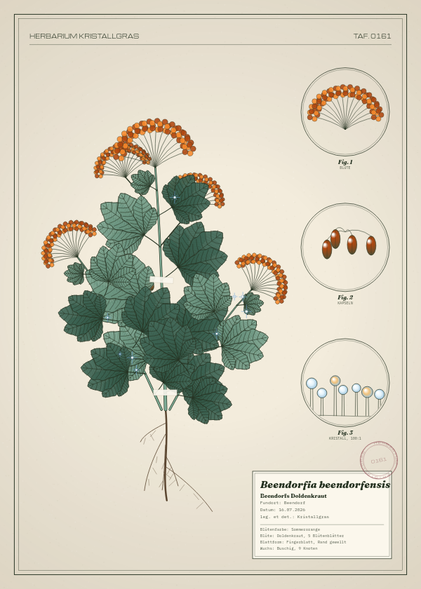 Botanische Tafel: Beendorfia beendorfensis, eine erfundene Pflanze aus Beendorf, gezeichnet wie in einem alten Pflanzenatlas