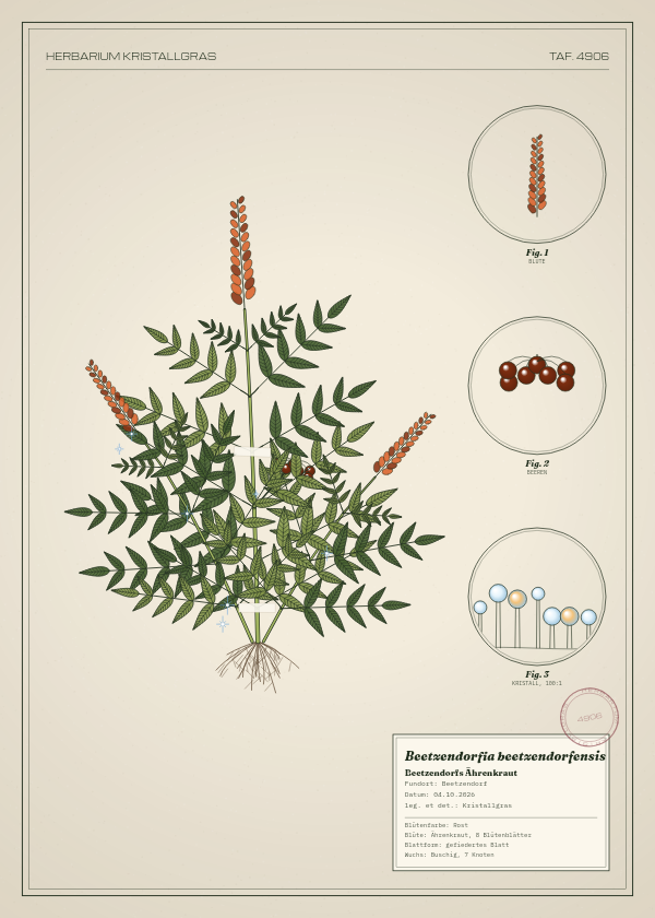 Botanische Tafel: Beetzendorfia beetzendorfensis, eine erfundene Pflanze aus Beetzendorf, gezeichnet wie in einem alten Pflanzenatlas