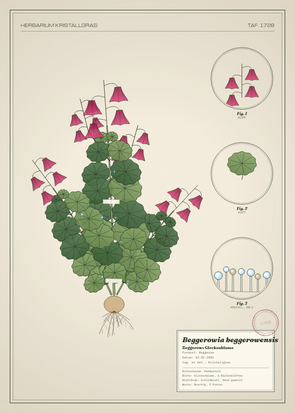 Botanische Tafel: Beggerowia beggerowensis, eine erfundene Pflanze aus Beggerow, gezeichnet wie in einem alten Pflanzenatlas