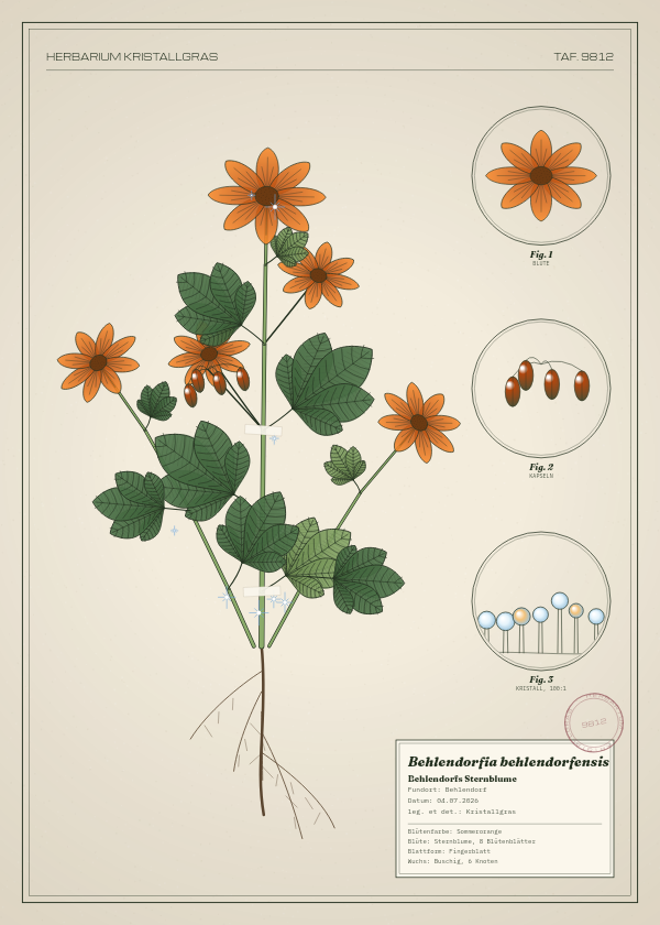 Botanische Tafel: Behlendorfia behlendorfensis, eine erfundene Pflanze aus Behlendorf, gezeichnet wie in einem alten Pflanzenatlas