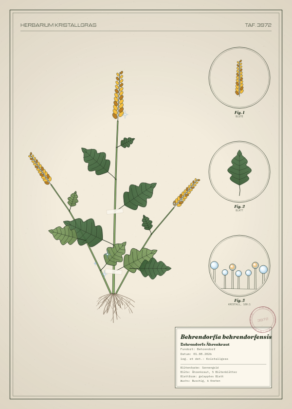 Botanische Tafel: Behrendorfia behrendorfensis, eine erfundene Pflanze aus Behrendorf, gezeichnet wie in einem alten Pflanzenatlas