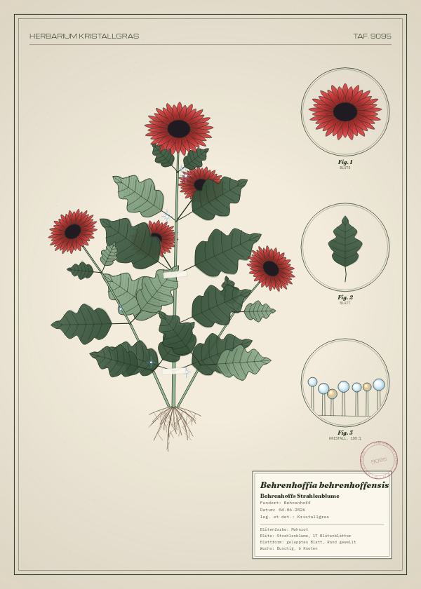 Botanische Tafel: Behrenhoffia behrenhoffensis, eine erfundene Pflanze aus Behrenhoff, gezeichnet wie in einem alten Pflanzenatlas