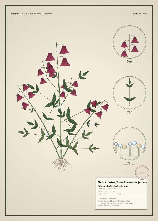 Botanische Tafel: Behrensdorfia behrensdorfensis, eine erfundene Pflanze aus Behrensdorf, gezeichnet wie in einem alten Pflanzenatlas