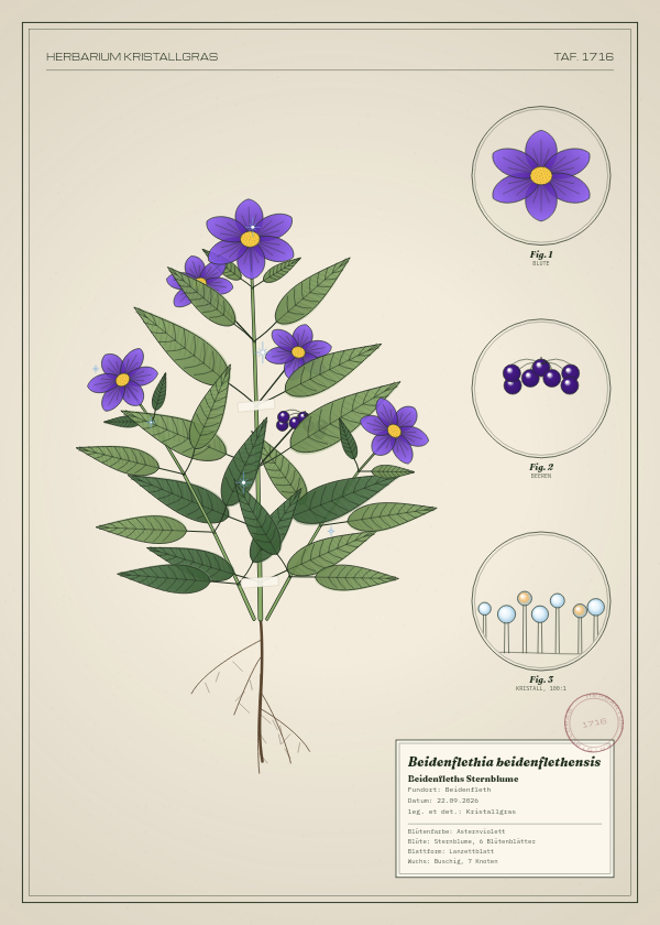 Botanische Tafel: Beidenflethia beidenflethensis, eine erfundene Pflanze aus Beidenfleth, gezeichnet wie in einem alten Pflanzenatlas