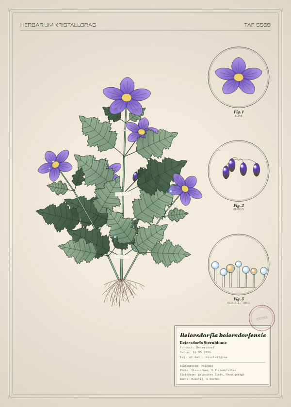 Botanische Tafel: Beiersdorfia beiersdorfensis, eine erfundene Pflanze aus Beiersdorf, gezeichnet wie in einem alten Pflanzenatlas