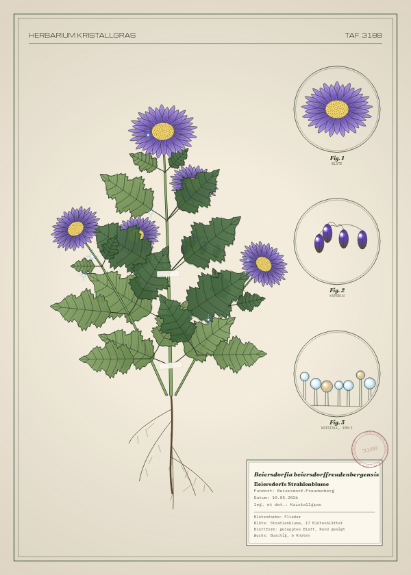 Botanische Tafel: Beiersdorfia beiersdorffreudenbergensis, eine erfundene Pflanze aus Beiersdorf-Freudenberg, gezeichnet wie in einem alten Pflanzenatlas