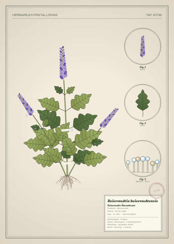 Botanische Tafel: Beierstedtia beierstedtensis, eine erfundene Pflanze aus Beierstedt, gezeichnet wie in einem alten Pflanzenatlas