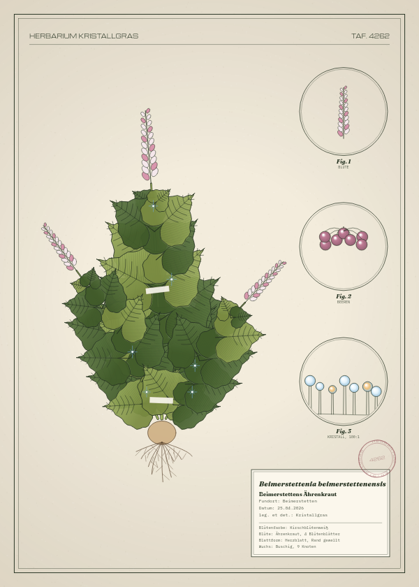 Botanische Tafel: Beimerstettenia beimerstettenensis, eine erfundene Pflanze aus Beimerstetten, gezeichnet wie in einem alten Pflanzenatlas