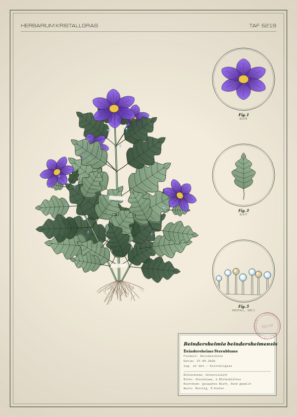 Botanische Tafel: Beindersheimia beindersheimensis, eine erfundene Pflanze aus Beindersheim, gezeichnet wie in einem alten Pflanzenatlas