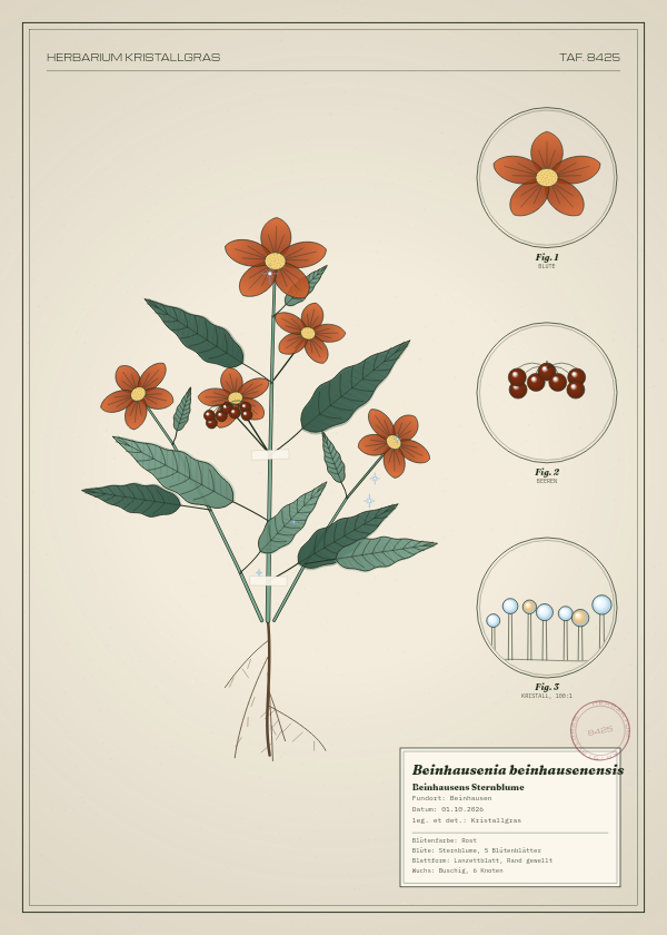 Botanische Tafel: Beinhausenia beinhausenensis, eine erfundene Pflanze aus Beinhausen, gezeichnet wie in einem alten Pflanzenatlas