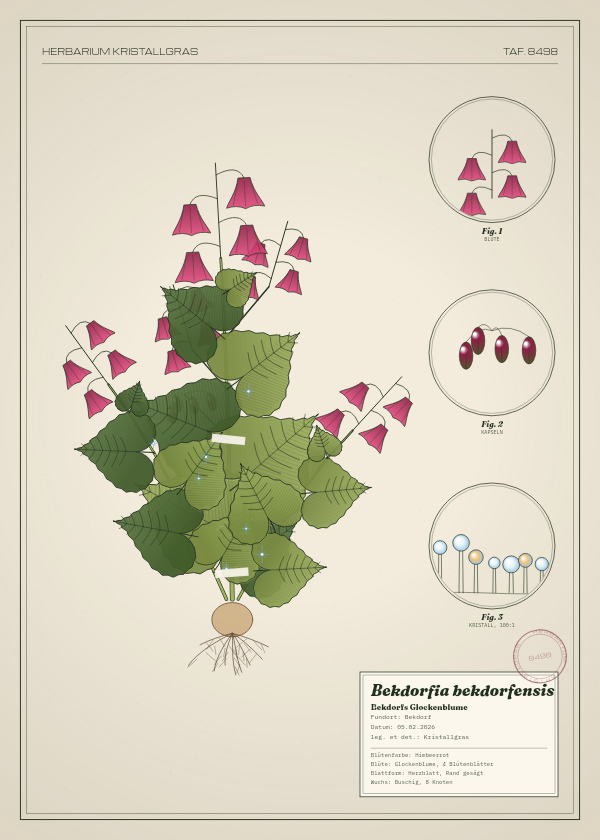 Botanische Tafel: Bekdorfia bekdorfensis, eine erfundene Pflanze aus Bekdorf, gezeichnet wie in einem alten Pflanzenatlas