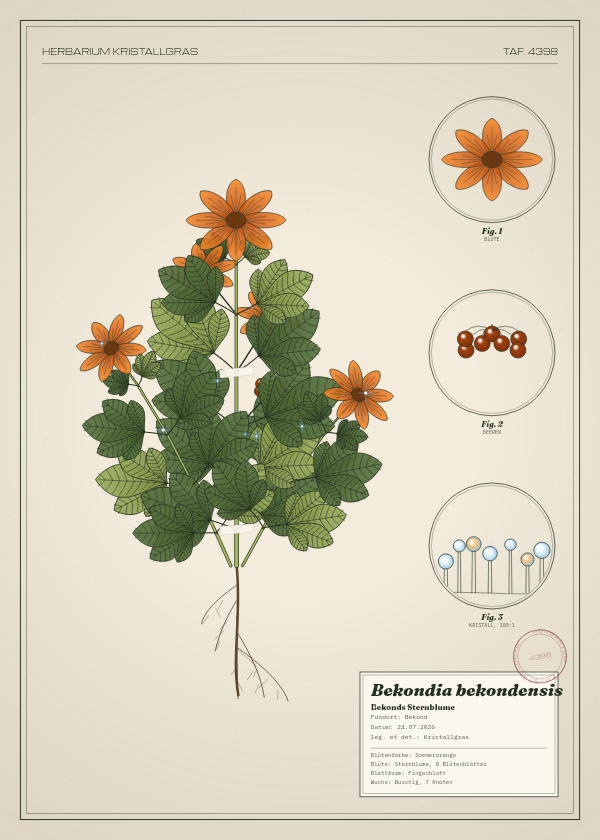 Botanische Tafel: Bekondia bekondensis, eine erfundene Pflanze aus Bekond, gezeichnet wie in einem alten Pflanzenatlas
