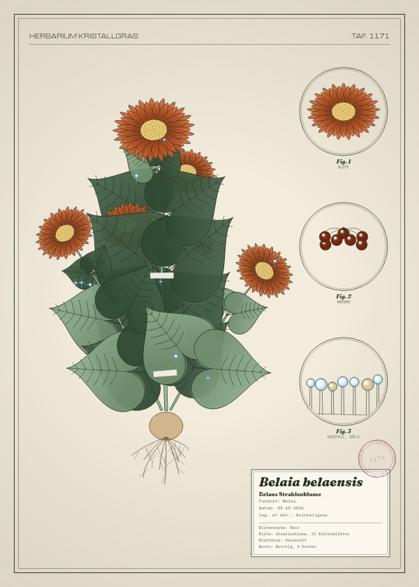 Botanische Tafel: Belaia belaensis, eine erfundene Pflanze aus Belau, gezeichnet wie in einem alten Pflanzenatlas