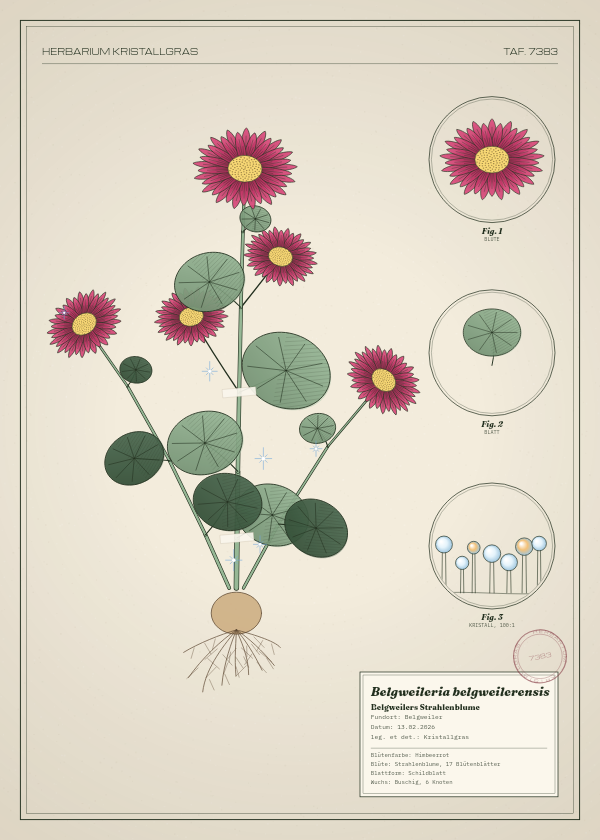 Botanische Tafel: Belgweileria belgweilerensis, eine erfundene Pflanze aus Belgweiler, gezeichnet wie in einem alten Pflanzenatlas